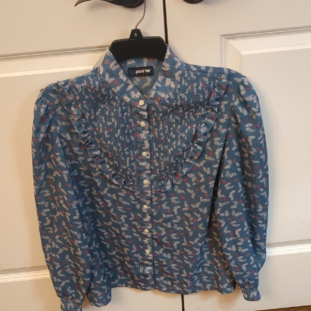 Panther Vintage Blue Floral Peasant Blouse